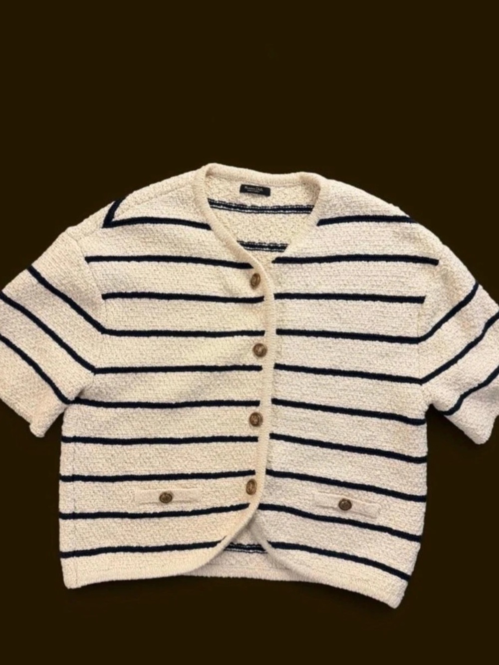 Massimo Dutti Textured Striped Knit Cardigan with Gold Buttons